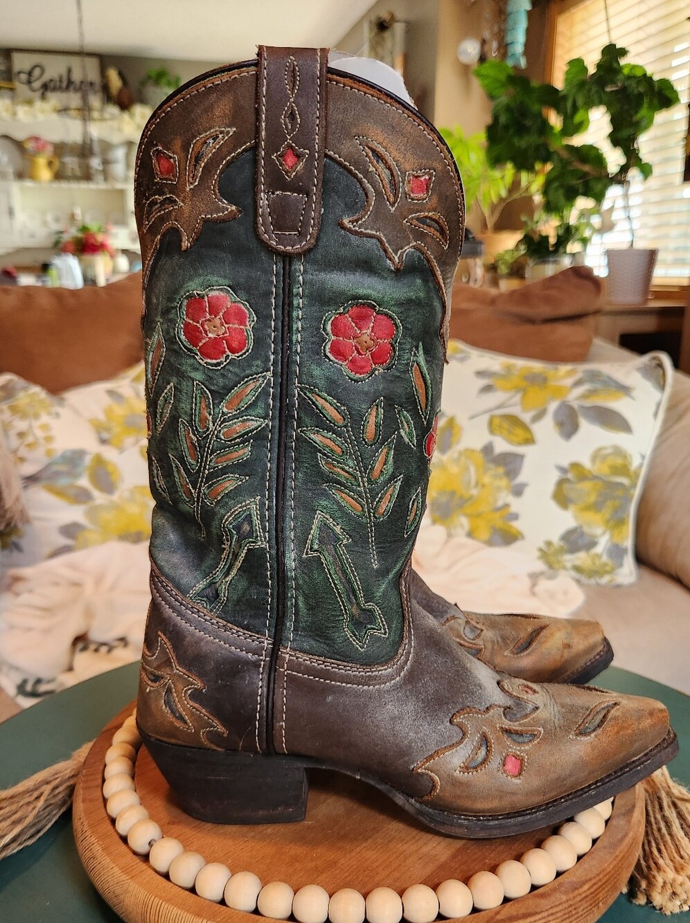 Laredo Brown and Green Western Floral Embroidered Heeled Boots - Picture 3 of 9